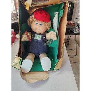 Vintage 1984 Cabbage Patch Kids Boy Doll Red Hat Denim Overalls New In Box